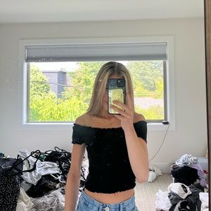 Black scrunched off the shoulder brandy Melville top